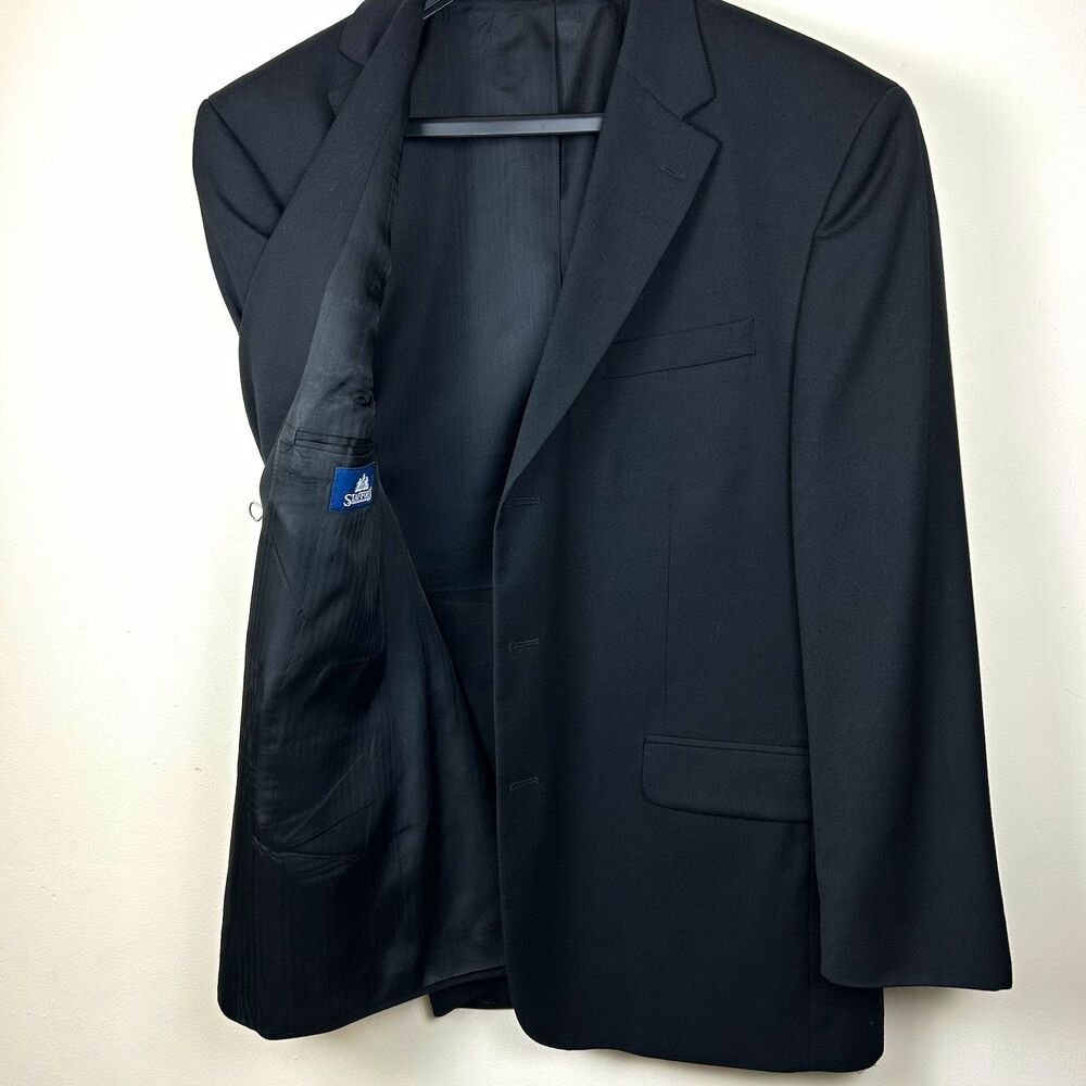 Stafford Black Solid Blazer Jacket 44R Single-Breasted 3-Button Notch Lapel